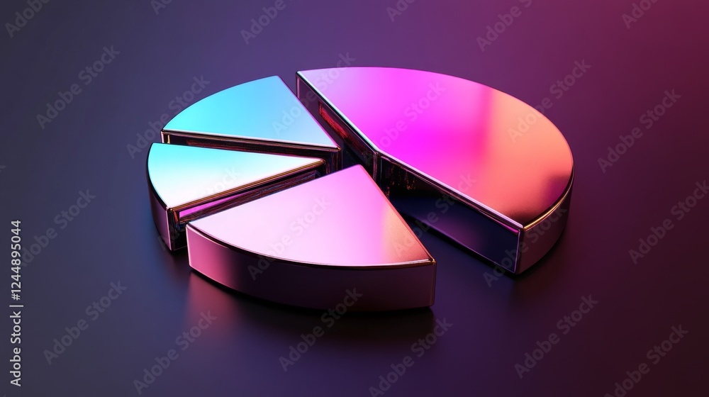 Poster a sleek metallic d pie chart with separated slices, each segment reflecting light differently, set a