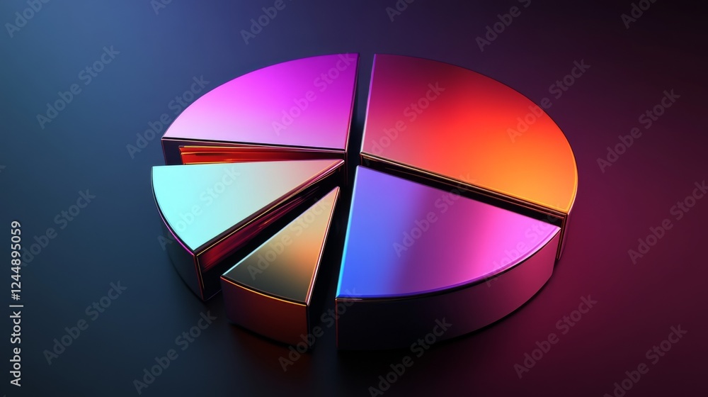 Poster a sleek metallic d pie chart with separated slices, each segment reflecting light differently, set a