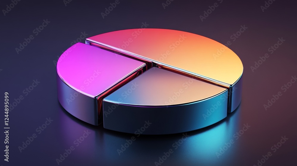 Poster a sleek metallic d pie chart with separated slices, each segment reflecting light differently, set a