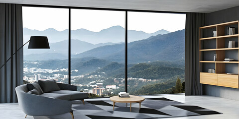 Fototapeta premium Modern Living Room Showcases Stunning Mountain View with Stylish Furniture and Bookshelf.
