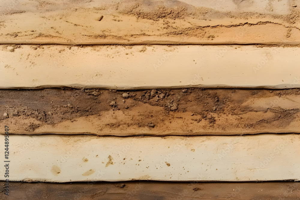 Poster textured clay layers form an abstract pattern with earthy tones and rough surfaces.