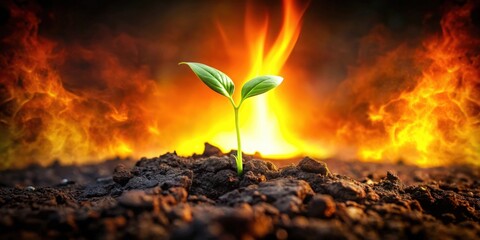 A resilient seedling emerges from scorched earth, a symbol of rebirth amidst fiery destruction