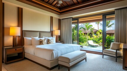 A spacious bedroom with a minimalist design, featuring a king-size bed, neutral decor, and large windows for an airy, open feel