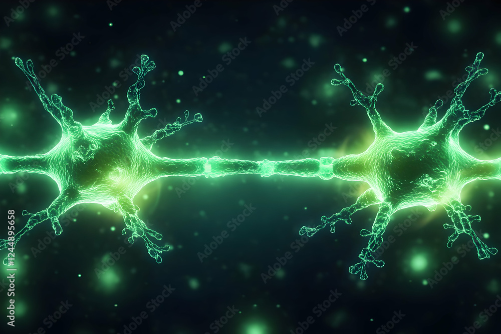 Poster two glowing green neurons connected by synapse in dark background with particles