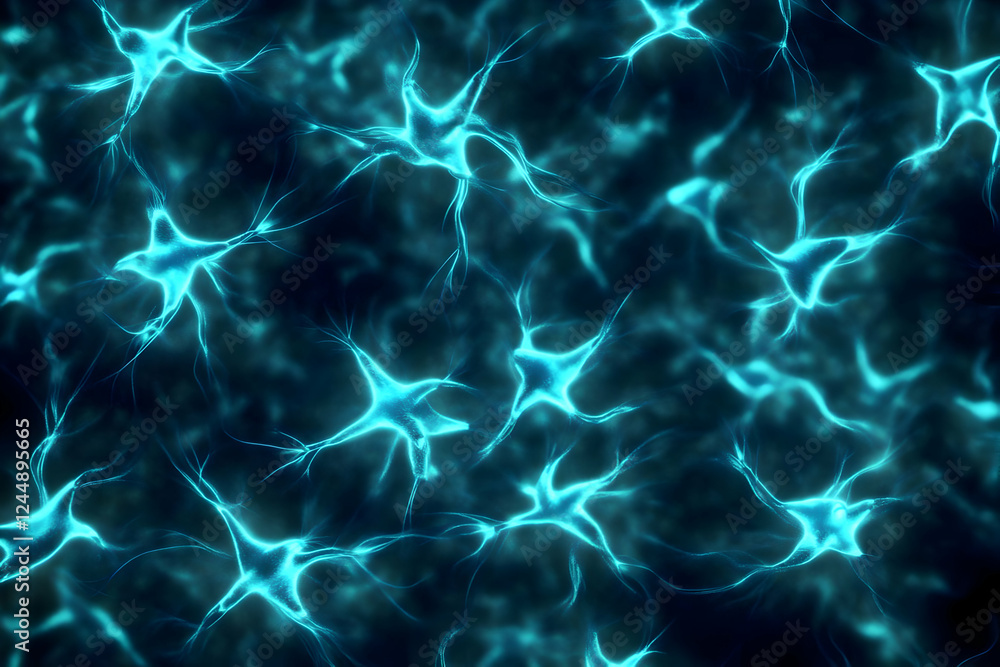 Poster glowing neurons form complex network in dark biological environment