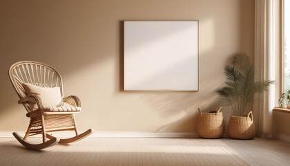 Empty Beige Wall Mockup in Rustic Interior with Wicker Rocking Chair. Natural Daylight From a Window. Promotion Background.
