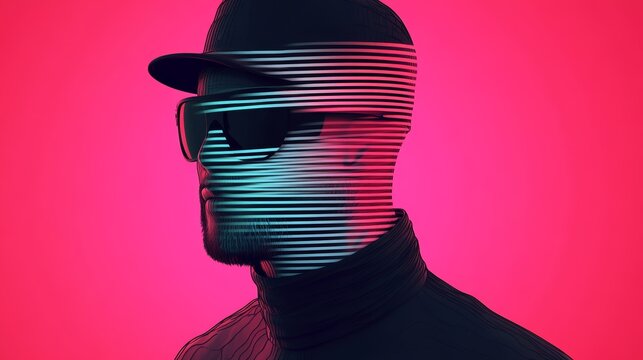 Stylish man in sunglasses and cap, vibrant pink and teal color scheme.  Retro futuristic portrait.