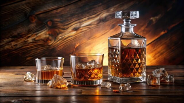 Aged amber liquor in crystal decanter and glasses with ice on wood