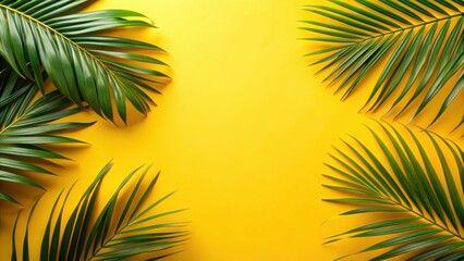 Fototapeta premium Vibrant Yellow Background with Lush Green Palm Fronds Arranged in a Corner Design