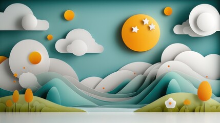 Enchanting Papercraft Landscape with Celestial Elements   Serene mountain scenery with paper like clouds sun moon and stars in a minimalist abstract design