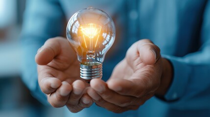 Cupped Hands Holding a Glowing Light Bulb Representing Innovative Creative Problem Solving for Business and Entrepreneurial Success