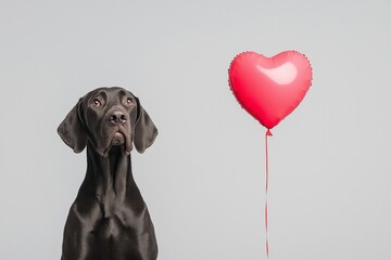 German Shorthaired Pointer sitting beside a red heart-shaped balloon on a neutral background, symbolizing love and companionship. Perfect concept for Valentine's Day and pet love celebration.
