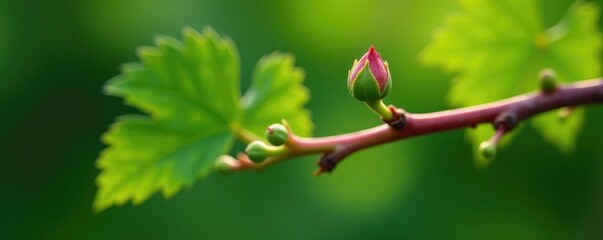 A single bud on a mature Cabernet Sauvignon vine branch with a few leaves emerging, grapes, green buds, cabernet sauvignon