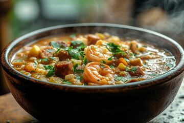Steaming seafood gumbo, kitchen setting, delicious meal
