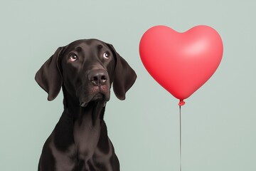 German Shorthaired Pointer sitting next to a red heart-shaped balloon against a pastel background. Valentine's Day concept and love for pets.