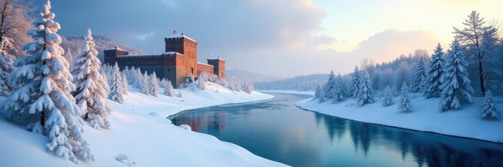 Cold winter landscape with frozen Neva river at Oreshek fortress, snow-covered, winter, forest