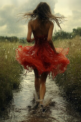 Young Woman in Vibrant Red Dress Dancing Freely in a Gentle Rain Shower in an Open Field, Hair Wet and Flowing