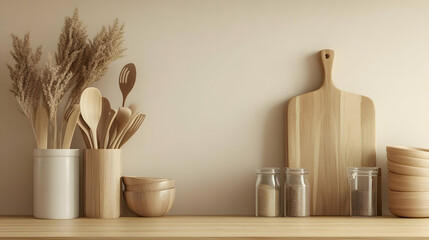 Wooden Kitchen Utensils, Bowls, and Cutting Board Arranged on a Wooden Shelf with Pampas Grass and Spice Jars