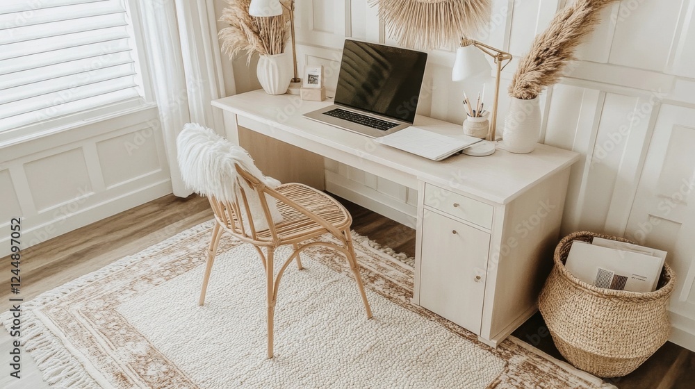 Poster a stylish minimalist desk adorned with a soft rug underneath, a sleek laptop, and an elegant lamp, c