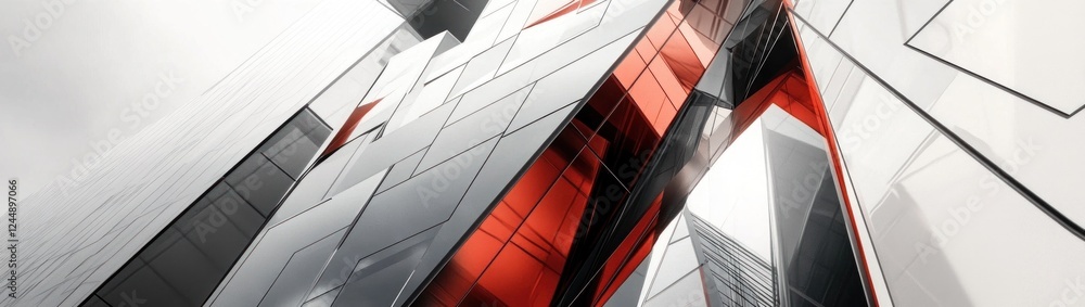 Poster abstract modern architecture with red and grey glass panels, creating a dynamic and futuristic desig