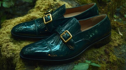 Elegant Green Leather Shoes Resting On Moss