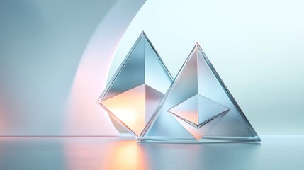 Two translucent glass pyramids reflecting light on a minimalist background.