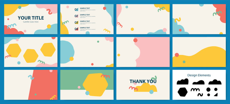 Set of 16:9 abstract background templates with playful organic shapes. Designed in soft pastel colors. Perfect for presentations and video projects.