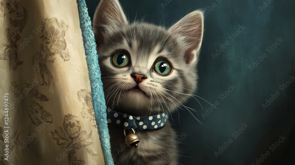Poster a tiny kitten with soft gray fur, wearing a polka dot collar, peeking out from behind a curtain with