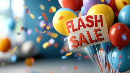Colorful and Vibrant Floating Balloons Spelling Out  Flash Sale  Against a Cheerful Background for Retail Advertising and Promotional Marketing Campaigns