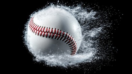 Frozen in time a powerful baseball pitch captured mid air showcasing the dynamic motion energy and impact as the ball cuts through the air creating a dramatic water splash and mist in the background