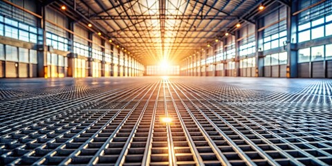 Vast Industrial Warehouse Interior with Metal Grating Floor and Sunlight Streaming Through