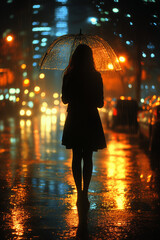 A woman stands alone in the rain at night, holding a transparent umbrella, with city lights reflecting off the wet pavement, creating a reflective and moody scene