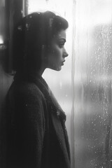 A woman stands at a foggy window gazing outside at the falling rain with her reflection visible on the glass creating a nostalgic and melancholic atmosphere