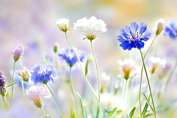 Blue and white flowers bloom beautifully in a soft, dreamy meadow under bright sunshine.