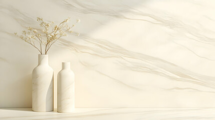 Minimalist Interior Scene Features Two Vases and Dried Flowers on a Marble Table