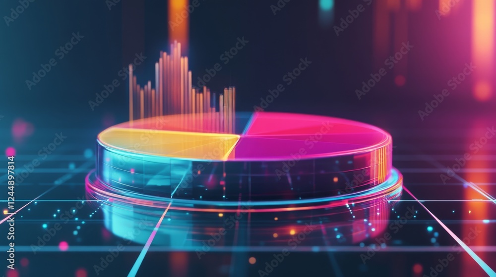Aufkleber a transparent d pie chart with sleek, colorful sections rising from a reflective platform, showcasin