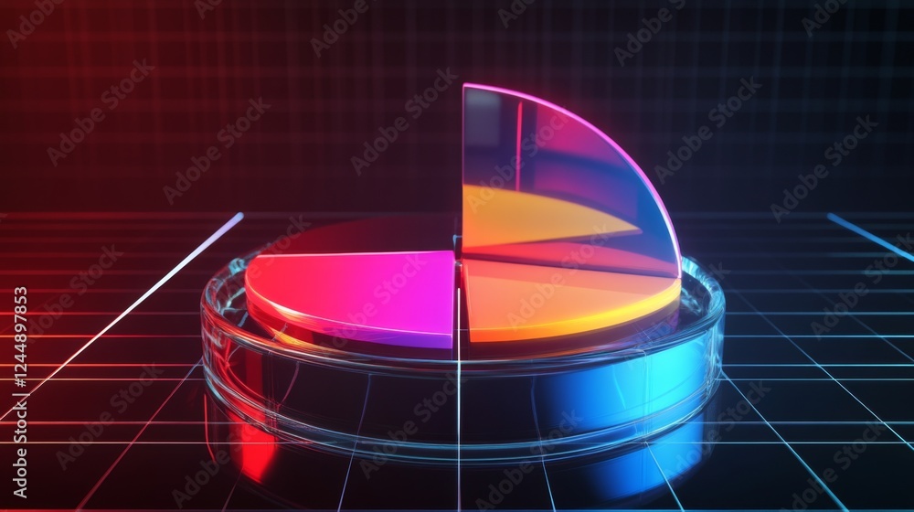 Poster A transparent D pie chart with sleek, colorful sections rising from a reflective platform, showcasing business data against a dark backdrop with a glowing grid.