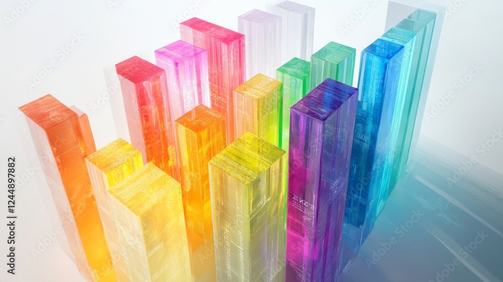 Poster a vibrant d bar chart with rainbow-colored bars, each one labeled with clear data, set against a sim