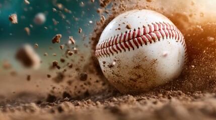 Explosive Mid Air Baseball Seen in a Competitive Game Atmosphere with Motion Blur and Dust Kicking Up from the Impact