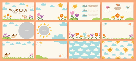 Set of 16:9 background templates with cute spring field themed illustrations. Perfect for presentations and video projects.