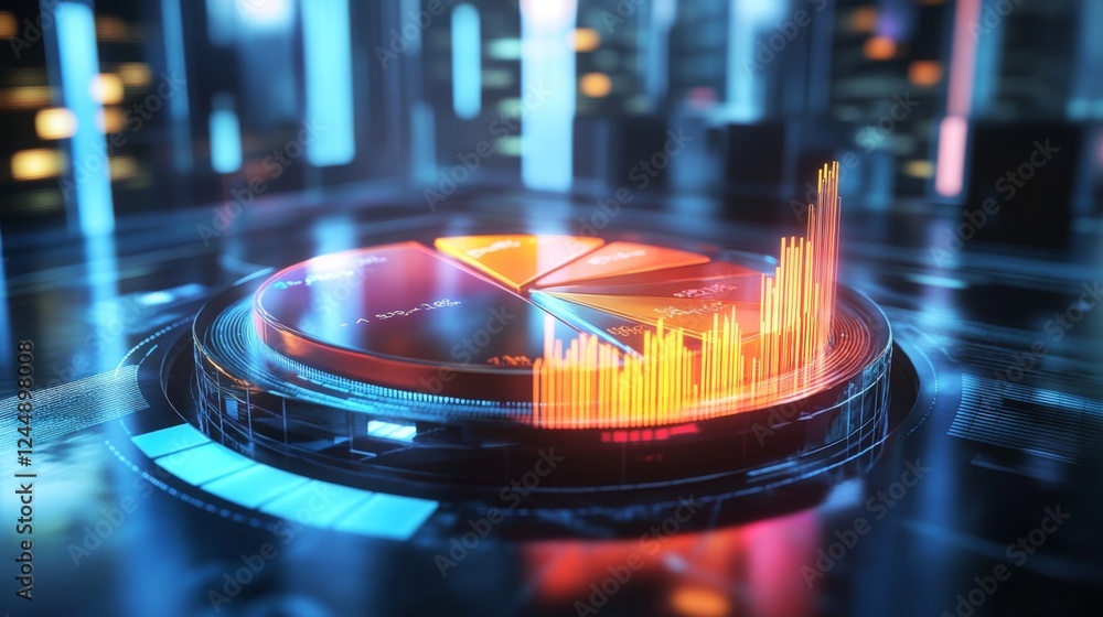 Leinwandbilder a vibrant d pie chart with glass-like translucent sections, illuminated from below, each segment lab