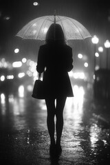 A woman stands alone in the rain at night, holding a transparent umbrella, with city lights reflecting off the wet pavement, creating a reflective and moody scene