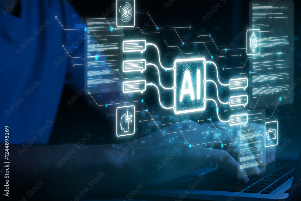 Poster artificial intelligence. man using laptop at table, closeup. scheme with ai and other icons over com
