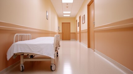 Empty hospital hallway with a parked IV stand in a serene tranquil and clinical healthcare setting  The hallway is clean minimal and devoid of any human presence