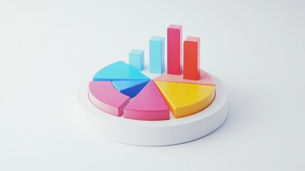 Obraz premium A vibrant financial pie chart illustrating a company's revenue breakdown, with colorful segments for different products, set against a clean white background for clarity.