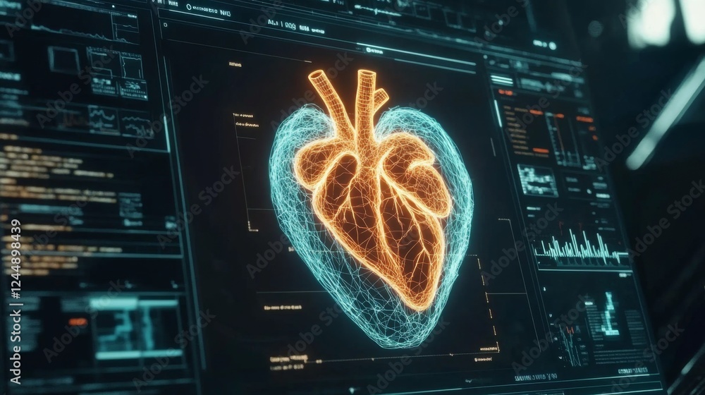 Poster a vibrant heart wave chart displayed on a digital interface, with pulsing animations that capture th