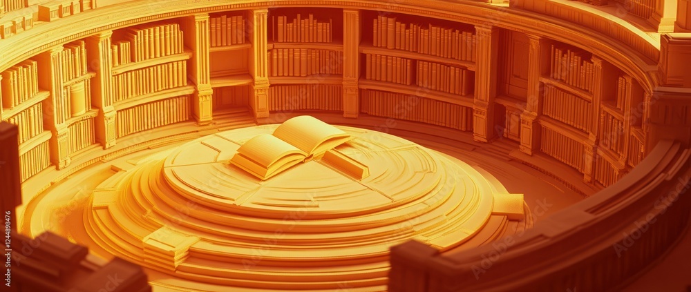Poster open book on a raised platform in a circular library.
