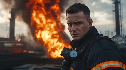 Obraz premium Brave Firefighter Facing Inferno: A Portrait of Courage and Duty