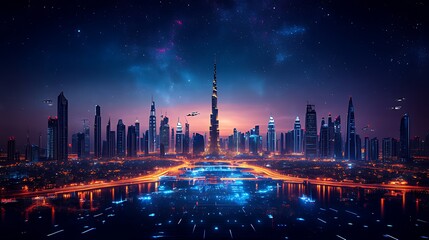 Fototapeta premium Futuristic Dubai skyline, drones flying, night, city lights, digital art