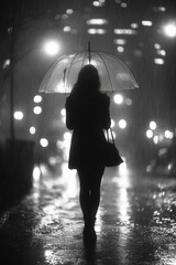 A woman stands alone in the rain at night, holding a transparent umbrella, with city lights reflecting off the wet pavement, creating a reflective and moody scene
